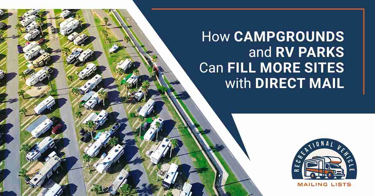 Aerial drone photograph of a large RV park with rows of motorhomes, travel trailers, and fifth wheels parked across landscaped sites with palm trees