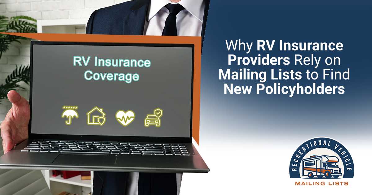 A suited insurance professional holds an open laptop showing RV insurance coverage icons including umbrella, home, heart, and vehicle symbols